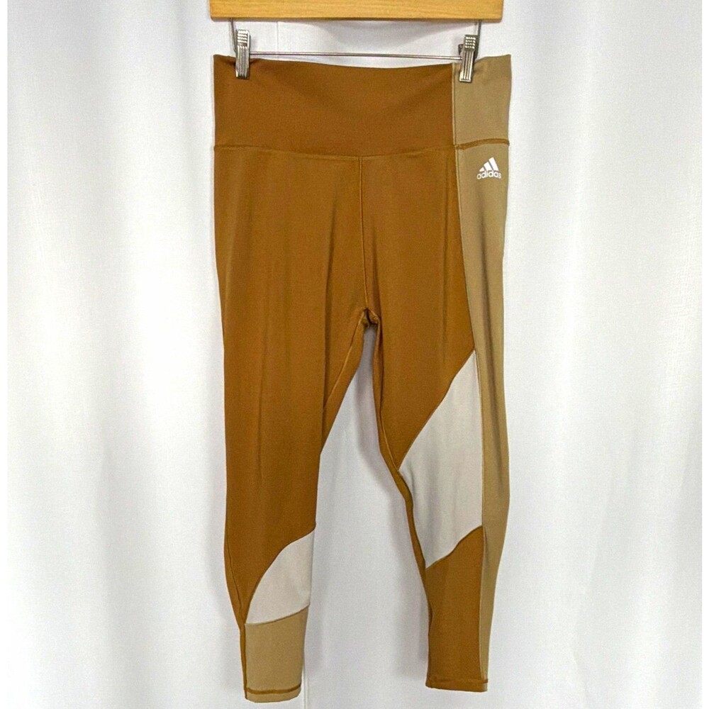adidas Primegreen Women’s XL Colorblock Leggings Gold Beige White Stretch